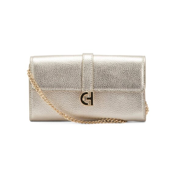 COLE HAAN Gold Leather Wallet With Chain Shoulder Strap